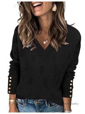 V Neck Lightweight Knit Pullover Sweater Long Sleeve Decorative Buttons Viscose